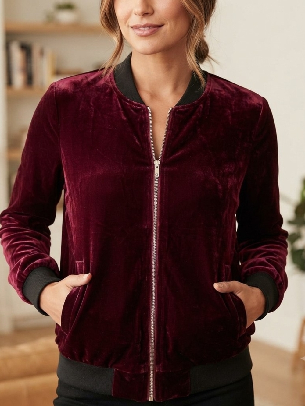 Another Story Crushed Velvet Bomber Jacket - Deep Burgundy